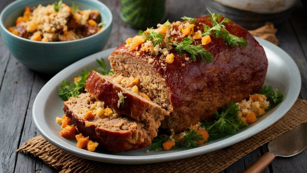 A sliced stove top stuffing meatloaf served with mashed potatoes and green beans on a dinner plate.