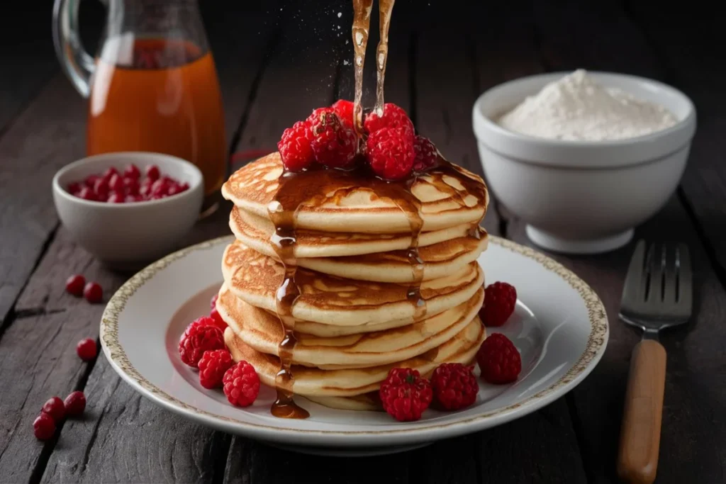 A stack of fluffy pancakes made with homemade pancake mix, topped with butter and drizzled with maple syrup.