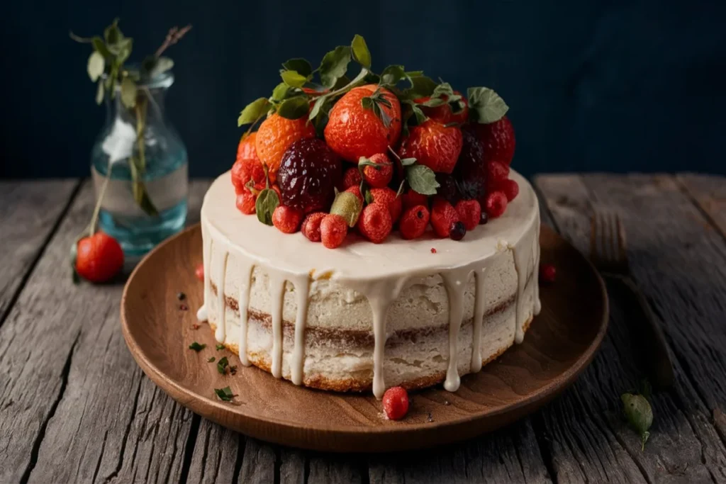 Golden brown yogurt cake with a tender crumb, topped with a dusting of powdered sugar, placed on a rustic wooden table, with a slice cut to reveal its moist, fluffy texture.