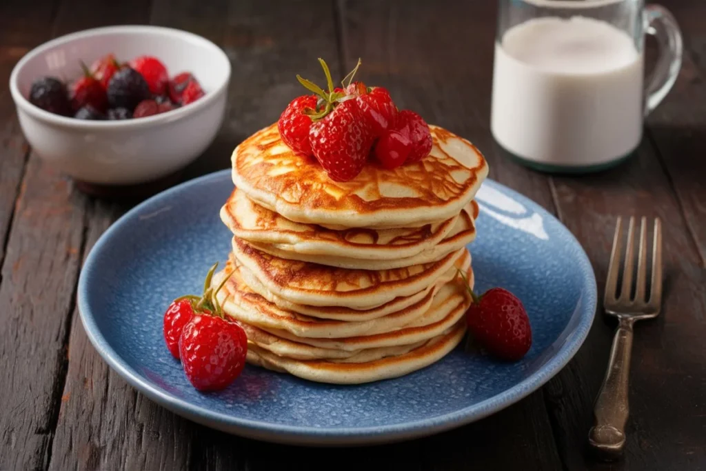 A stack of fluffy pancakes made with homemade pancake mix, topped with butter and drizzled with maple syrup.