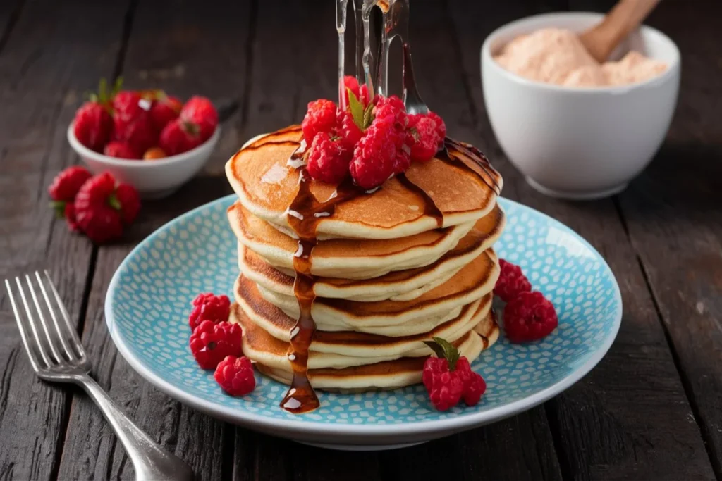 A stack of fluffy pancakes made with homemade pancake mix, topped with butter and drizzled with maple syrup.