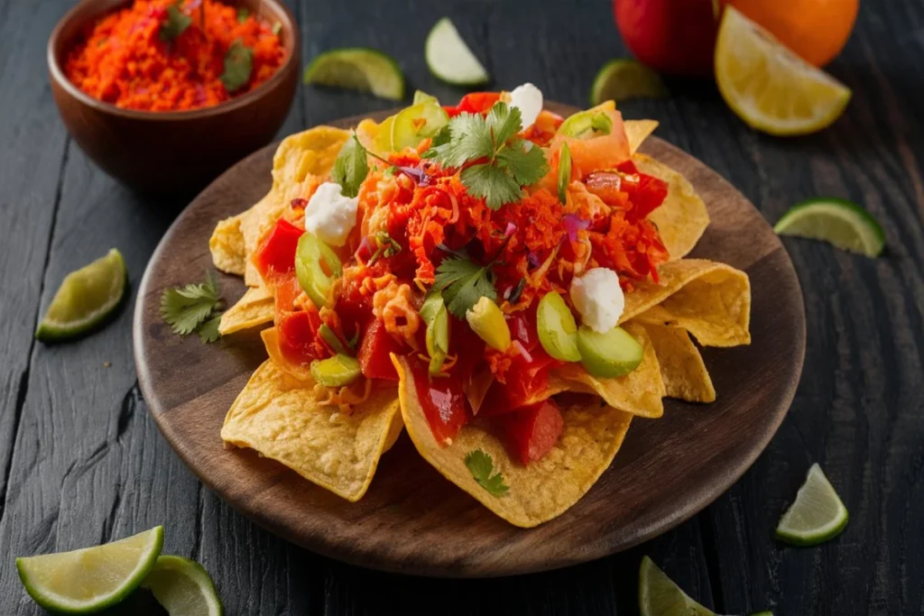 A bowl of freshly made, golden-brown Mexican chips, served with a side of salsa and guacamole, garnished with lime wedges and cilantro.