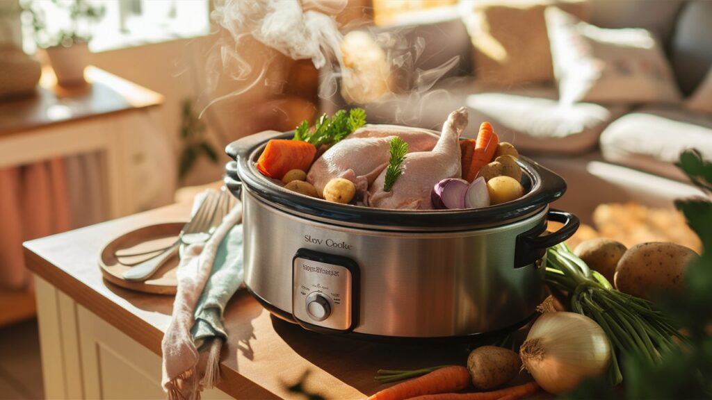 Slow cooker filled with raw chicken and vegetables on a kitchen countertop, ready for cooking.