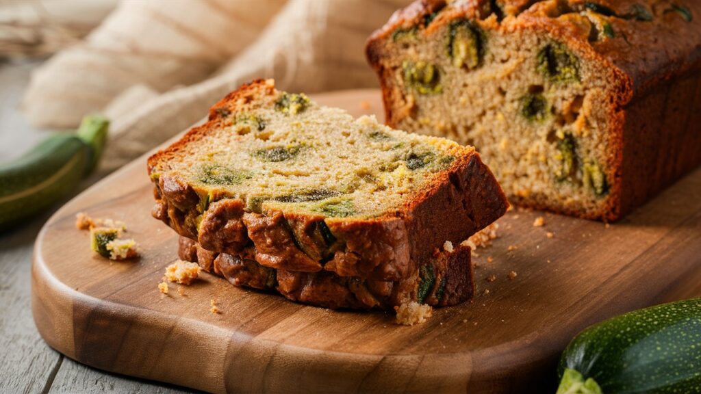 Crumbly slice of zucchini bread on a rustic wooden cutting board, with visible green zucchini flecks and scattered crumbs