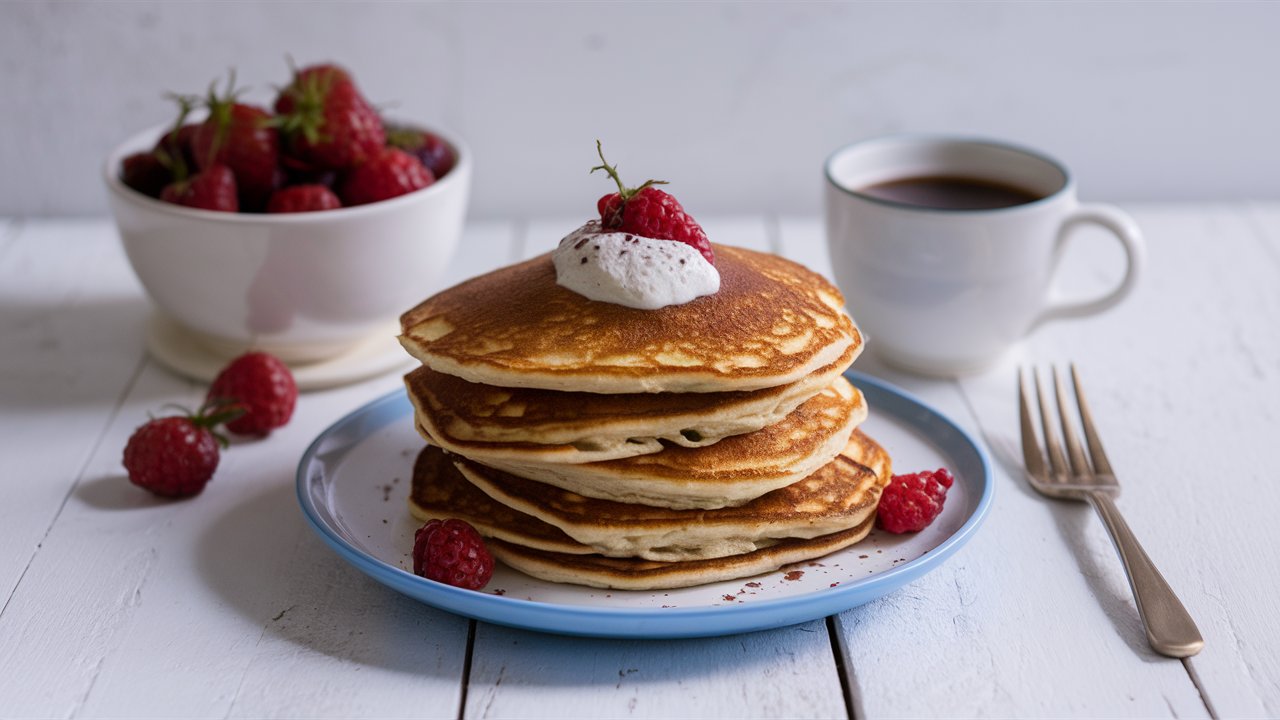 Easy sheet pan pancakes topped with fresh fruit and maple syrup.