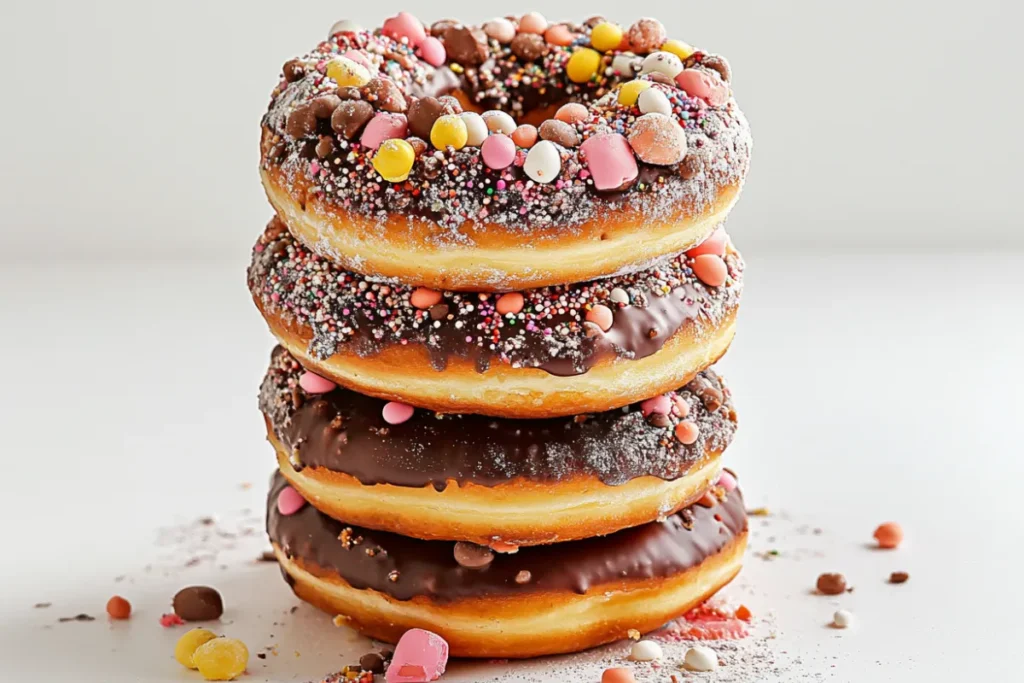 Beautifully stacked donut cake with colorful toppings, perfect for weddings, birthdays, and celebrations