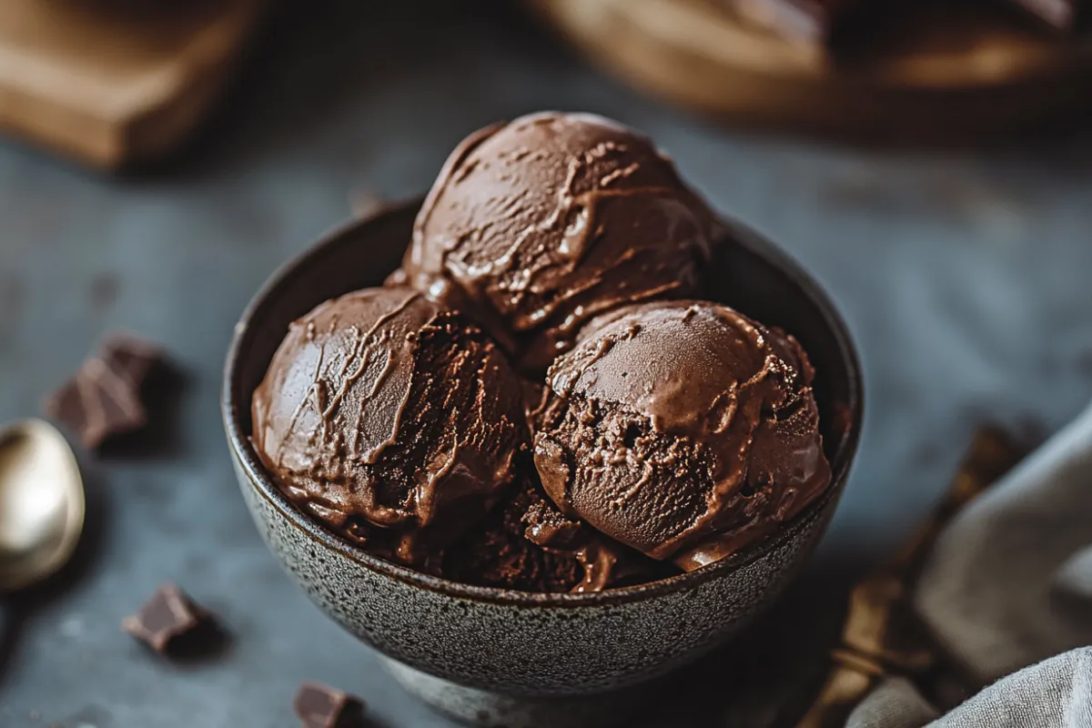 Delicious creamy scoop of chocolate ice cream with rich texture served in a bowl