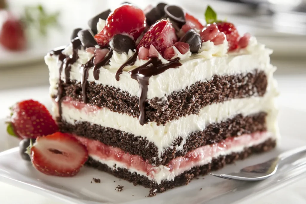 Costco Tuxedo Cake with chocolate and vanilla layers displayed in its tuxedo-style presentation.