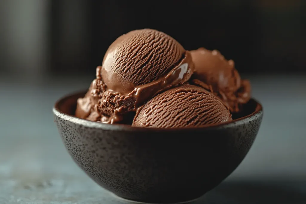 A delicious scoop of chocolate ice cream in a bowl, showcasing the creamy texture and rich color for health and nutrition discussion.