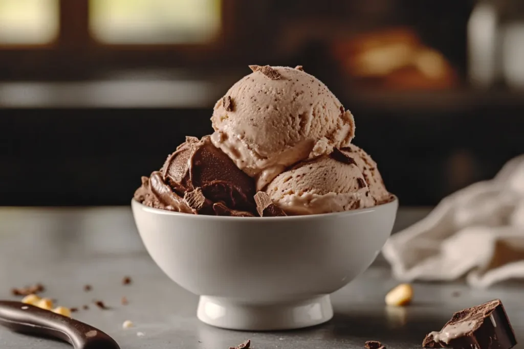 Close-up of chocolate ice cream scoops with cocoa powder next to a vanilla ice cream cone, highlighting the difference between the two