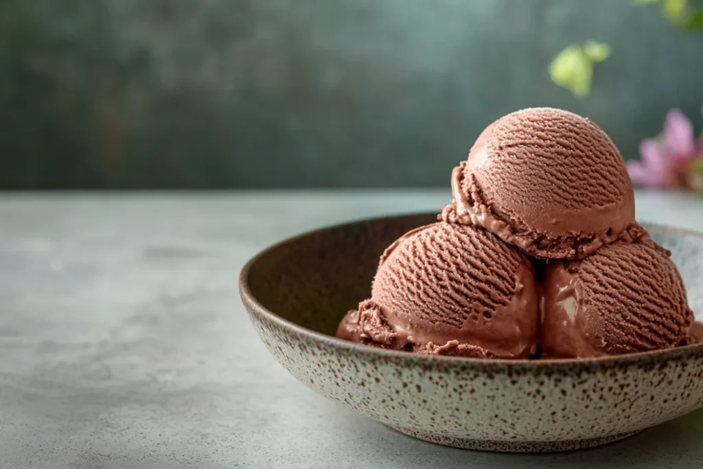 Close-up of chocolate ice cream scoops with cocoa powder next to a vanilla ice cream cone, highlighting the difference between the two