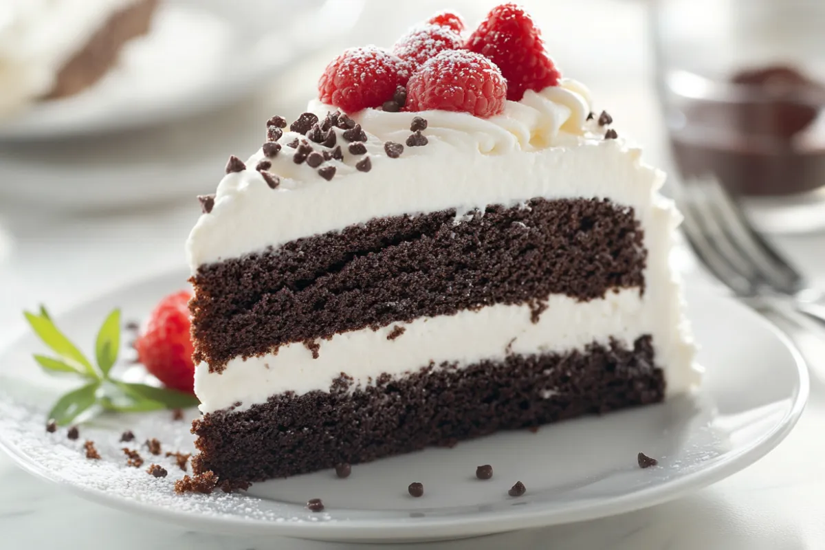 A slice of Costco's Tuxedo Cake showing layers of chocolate cake, mousse, and ganache This should help optimize your article for search engines!