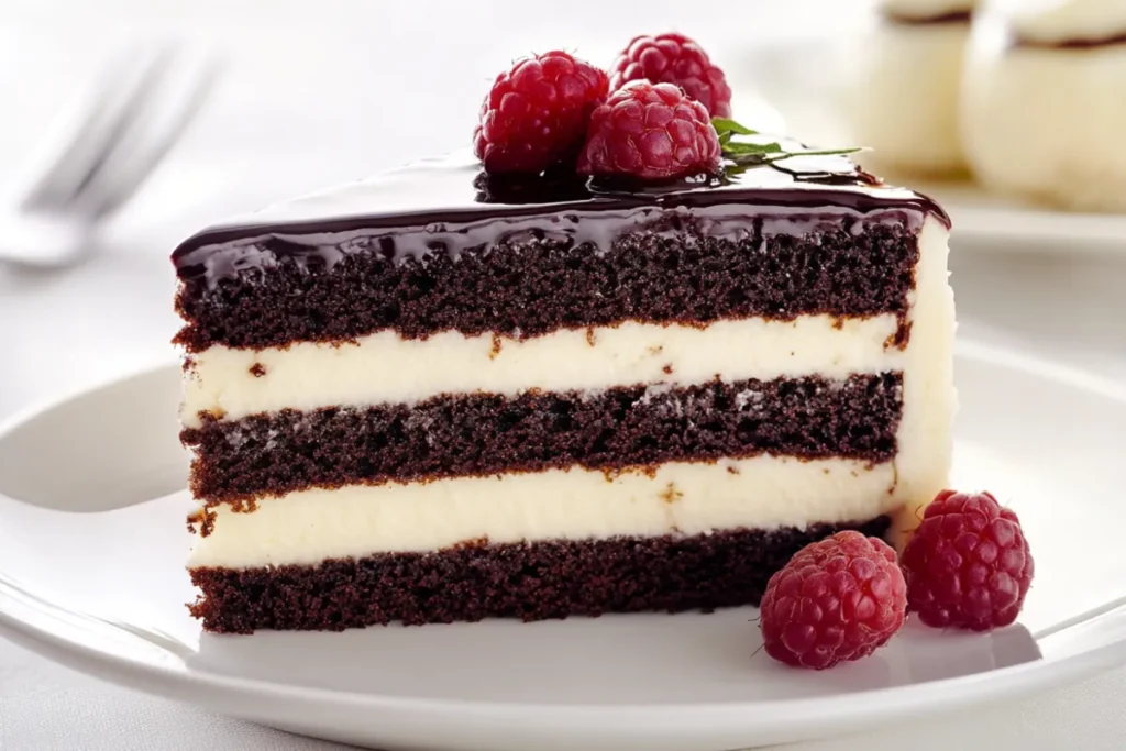 A slice of Costco's Tuxedo Cake showing layers of chocolate cake, mousse, and ganache This should help optimize your article for search engines!