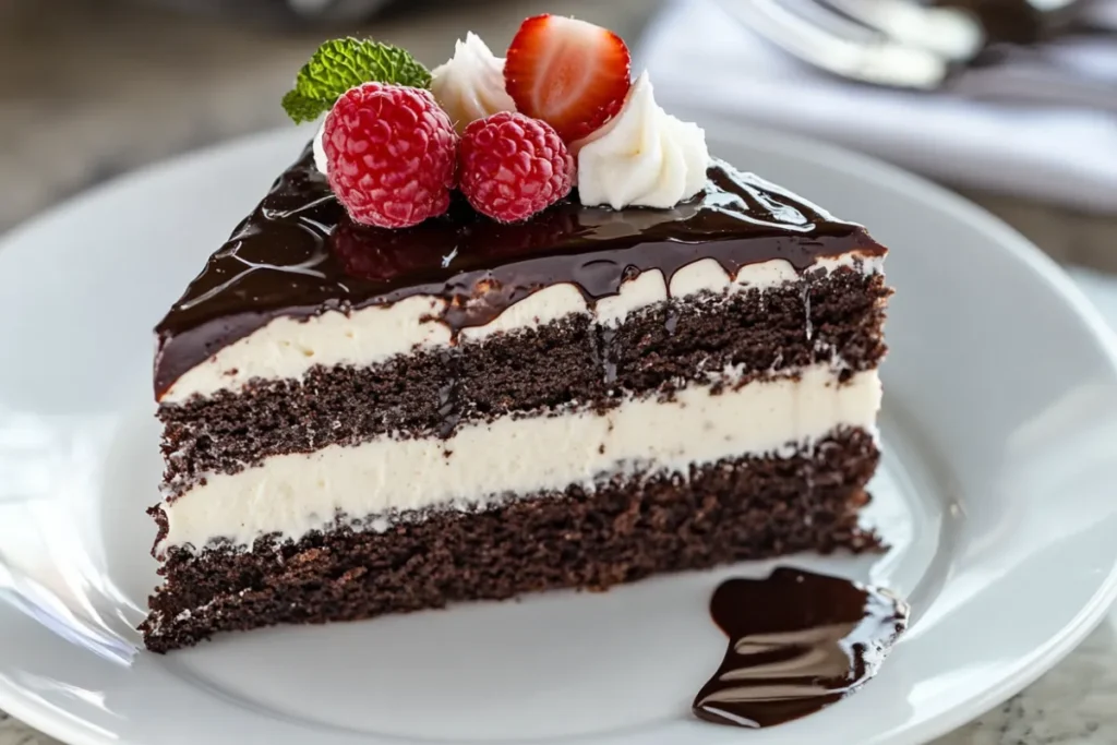 A slice of Costco's Tuxedo Cake showing layers of chocolate cake, mousse, and ganache This should help optimize your article for search engines!