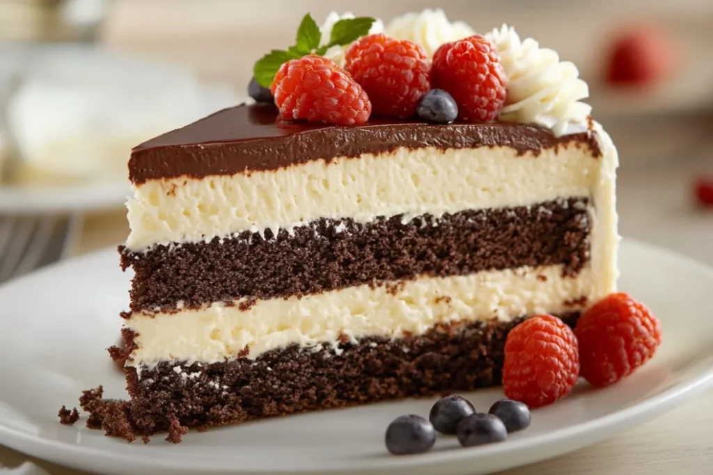 A slice of Costco's Tuxedo Cake showing layers of chocolate cake, mousse, and ganache This should help optimize your article for search engines!