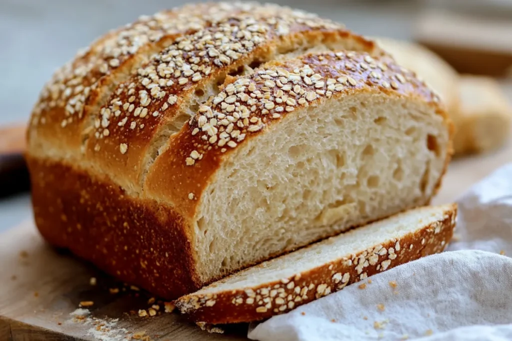 Homemade sandwich bread on a wooden board with a knife, surrounded by fresh ingredients like flour and yeast in a cozy kitchen setting