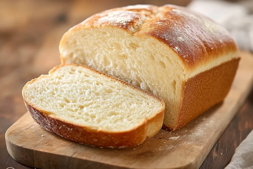 Homemade sandwich bread on a wooden board with a knife, surrounded by fresh ingredients like flour and yeast in a cozy kitchen setting