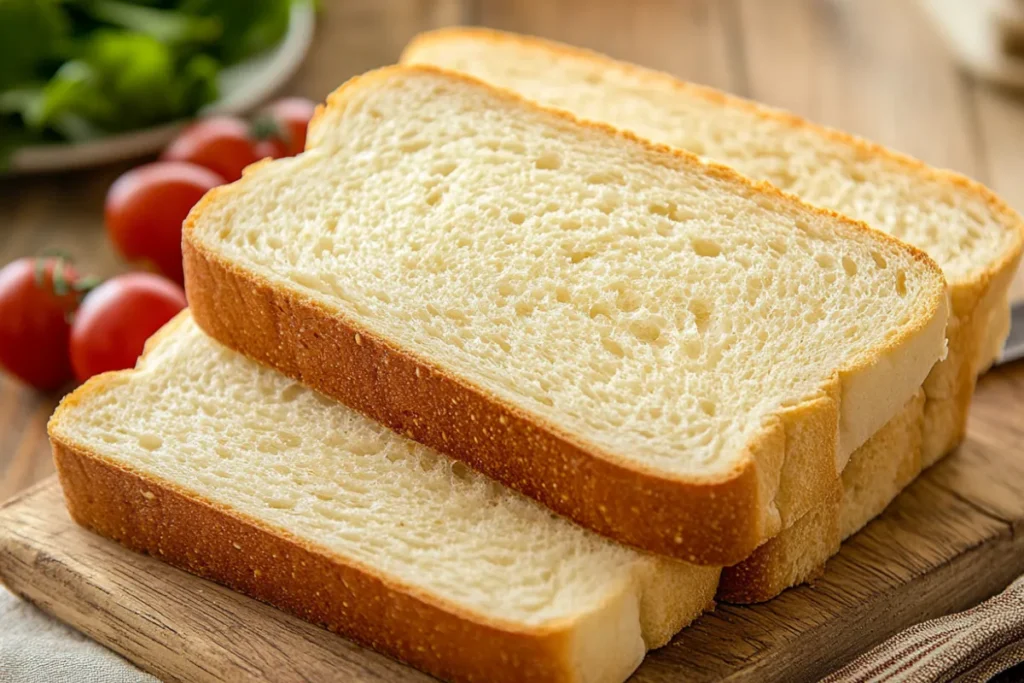 Homemade sandwich bread on a wooden board with a knife, surrounded by fresh ingredients like flour and yeast in a cozy kitchen setting