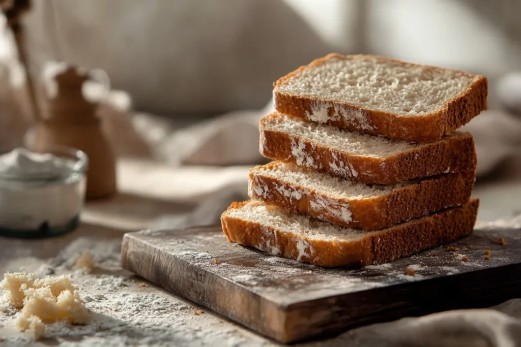 A golden-brown loaf of homemade sandwich bread, sliced and ready to serve, showcasing its soft and fluffy texture