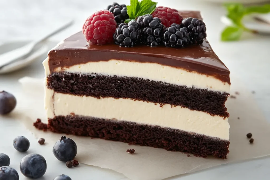 Layered Costco Tuxedo Cake with chocolate mousse, brownie chunks, and ganache