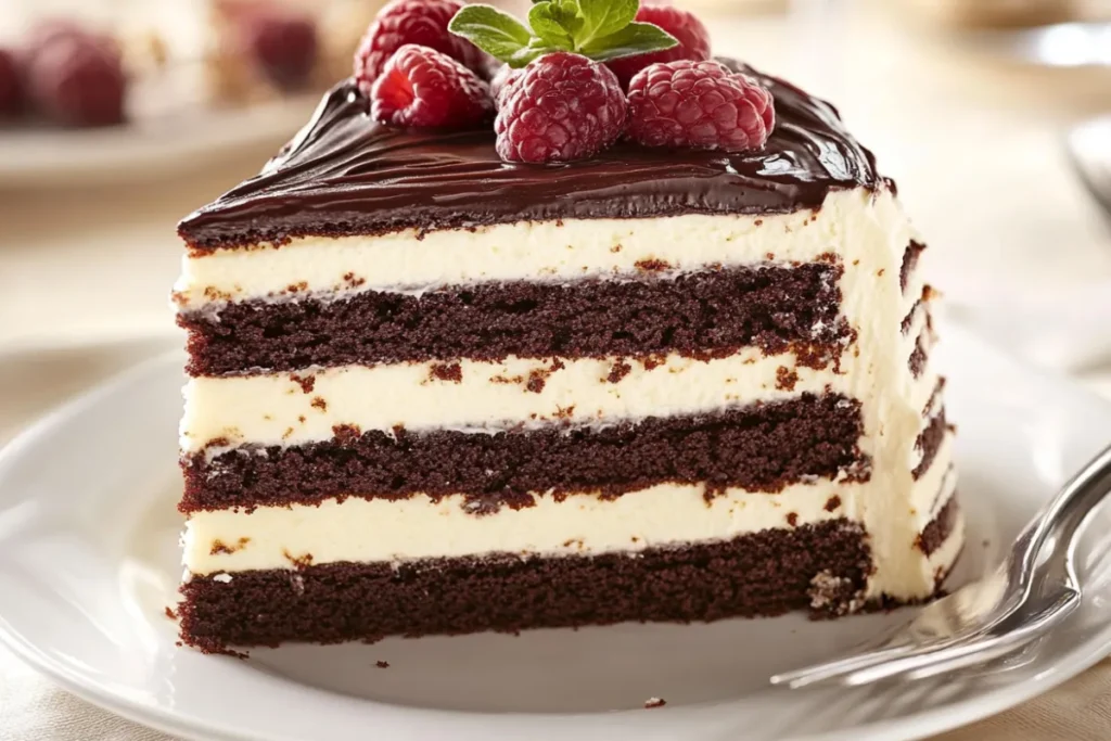 Layered Costco Tuxedo Cake with chocolate mousse, brownie chunks, and ganache