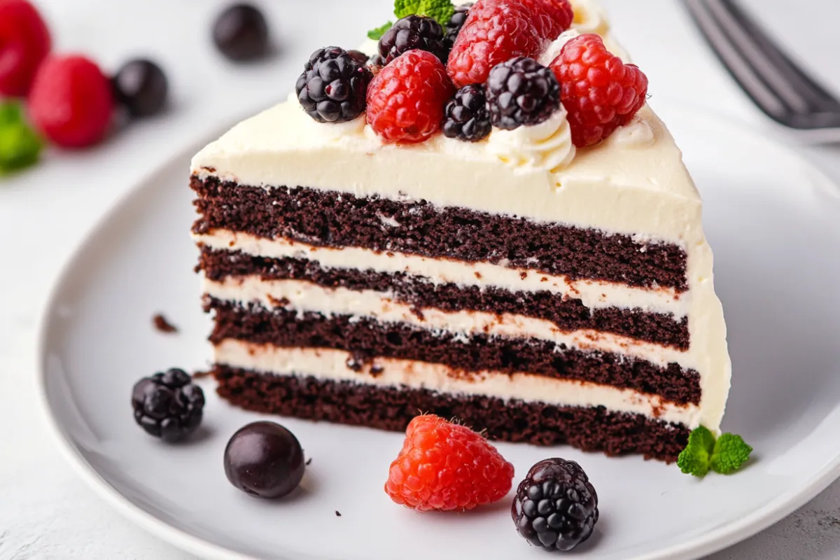 A layered Tuxedo Cake with dark chocolate mousse, white chocolate mousse, and chocolate ganache topping, served on a white plate.