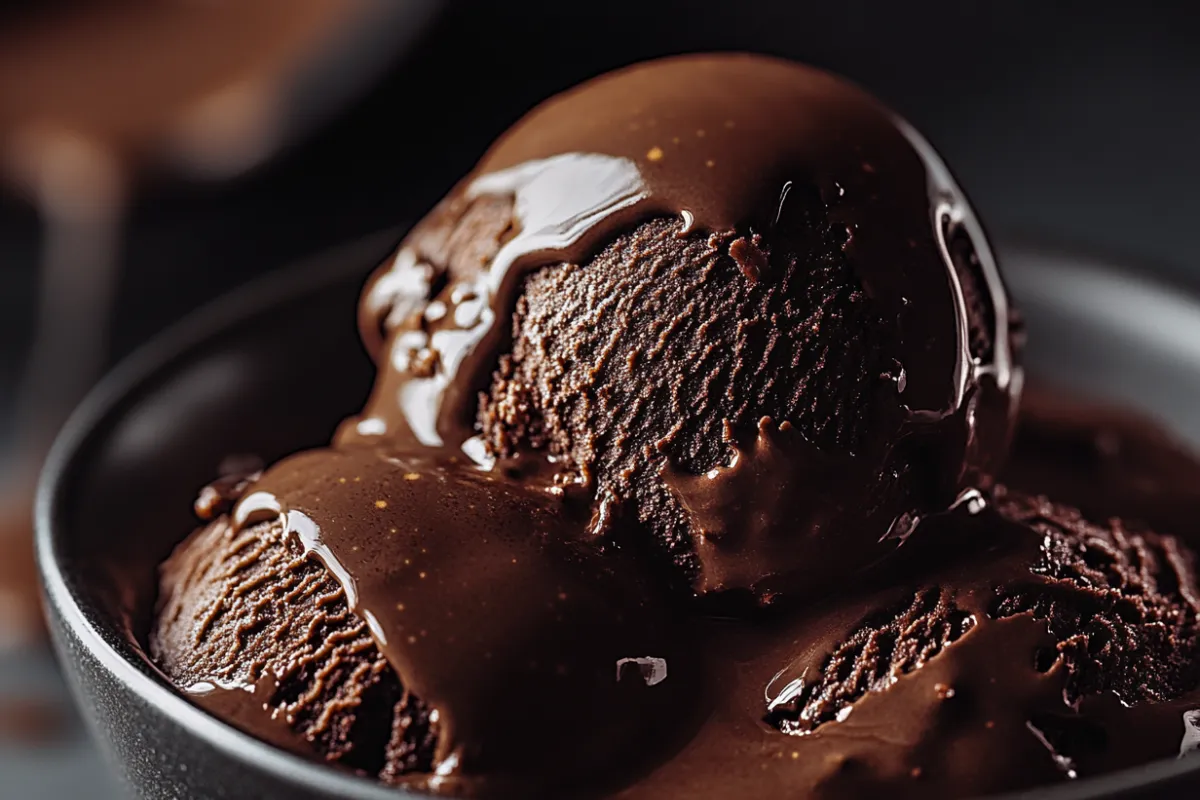 A creamy scoop of Forbidden Chocolate Ice Cream showing its rich, dark chocolate texture and smooth, velvety appearance.