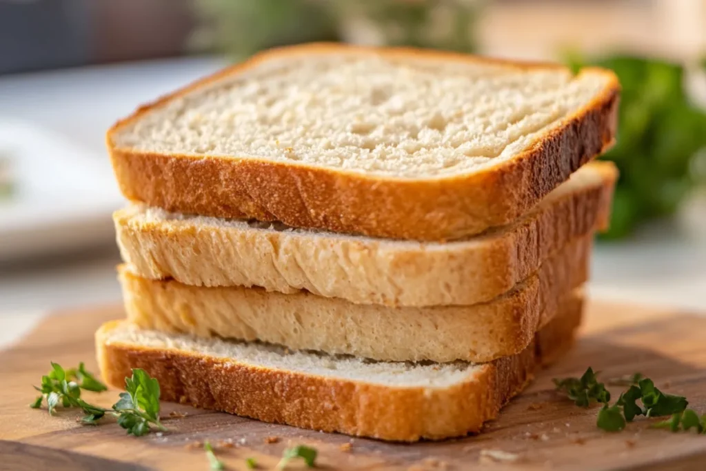 Close-up of sandwich bread slices showcasing the soft texture and fine crumb structure, ideal for making sandwiches