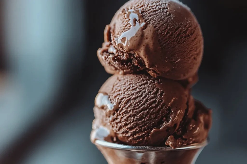 Rich, creamy chocolate ice cream scooped in a bowl with chunks of dark chocolate, showcasing a delicious dessert option.