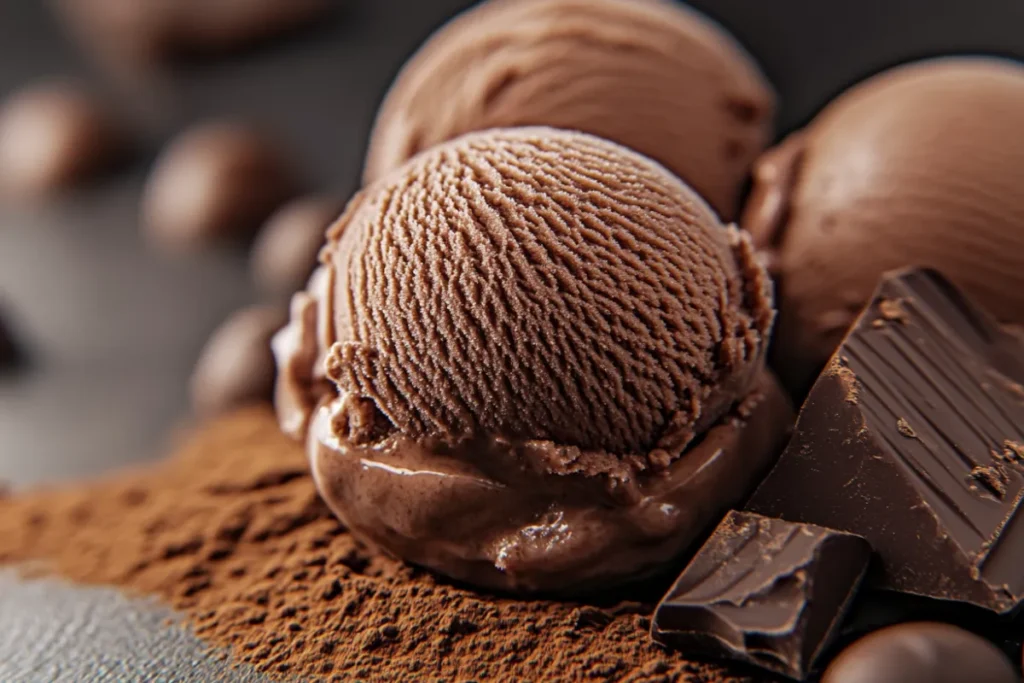 Rich, creamy chocolate ice cream scooped in a bowl with chunks of dark chocolate, showcasing a delicious dessert option.