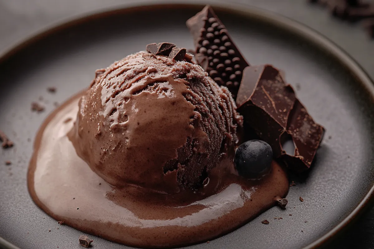 Rich, creamy chocolate ice cream scooped in a bowl with chunks of dark chocolate, showcasing a delicious dessert option.