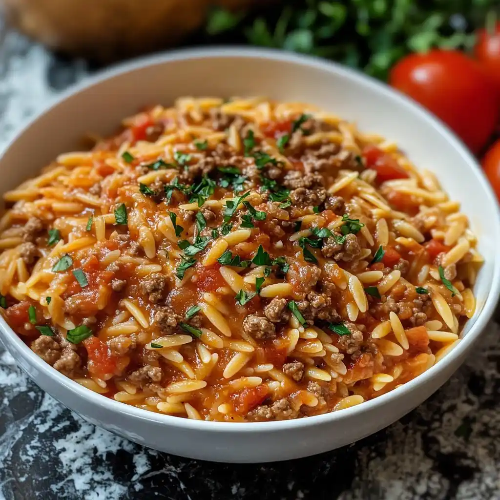 One-Pan Ground Beef Orzo with Tomato Cream Sauce