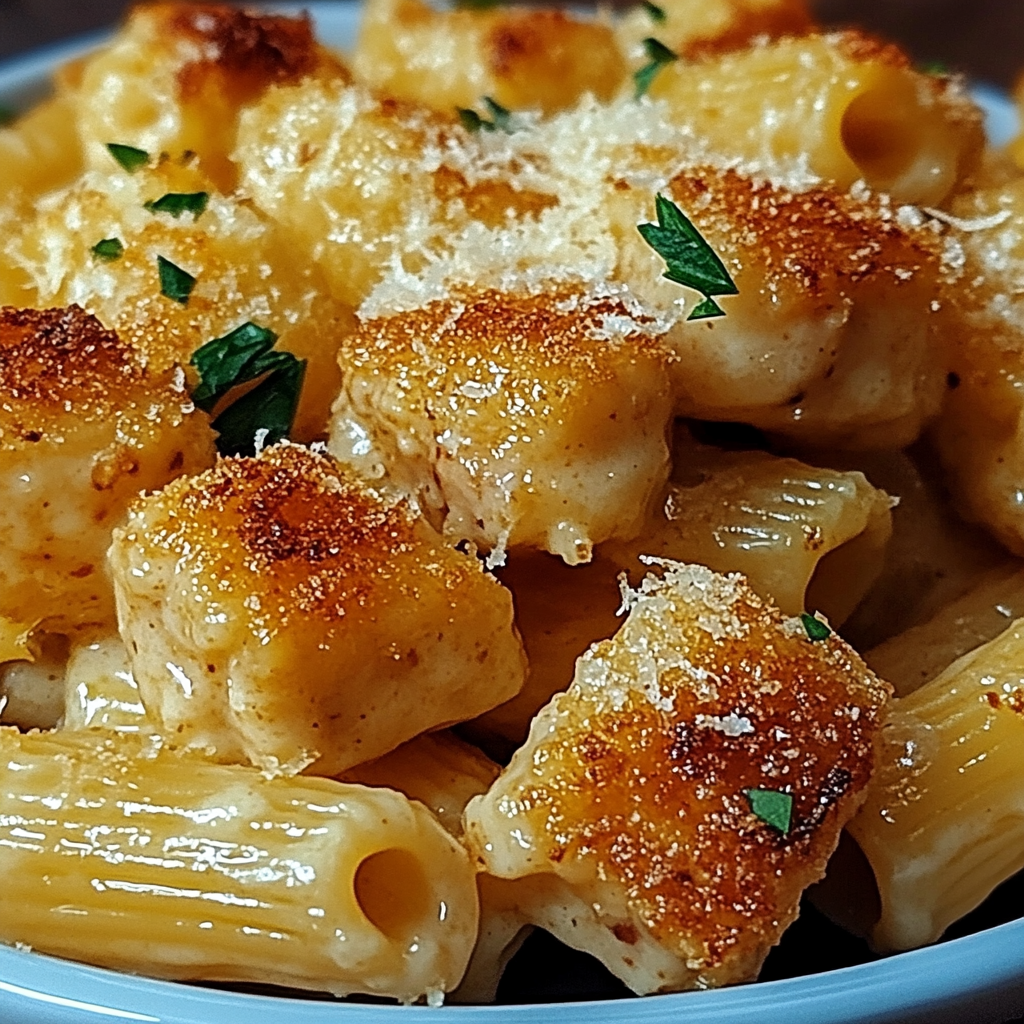 Lemon & Garlic Chicken Bites with Creamy Rigatoni Parmesan