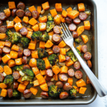 Sheet Pan Sausage and Sweet Potatoes with Honey Garlic Sauce